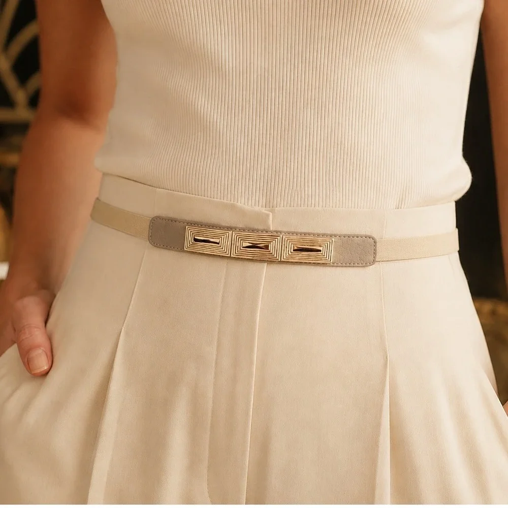 Womens Gold Geometric Plate Elastic Cinch Waist Belt L Tan Art Deco Stretch